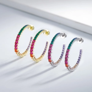 Rainbow cubic zirconia C-shaped hoop earrings in gold and silver S925 sterling silver