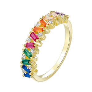 Elegant S925 sterling silver gold plated rainbow ring with multi-color zircon stones