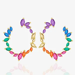 925 Sterling Silver Olive Branch Rainbow Marquise Zirconia Hoop Earrings Gold Plated Elegant Leaf Earring For Women Jewelry Gift