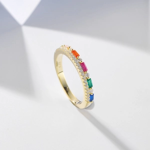 Gold S925 silver ring with double rows of zircon and five colorful rectangle gemstones
