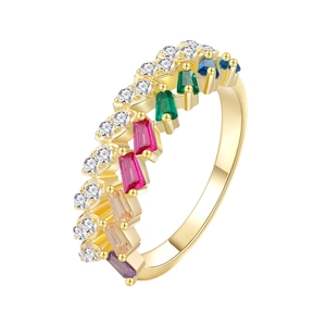 Double row triangle rainbow crystal ring in 18K gold plated silver for women