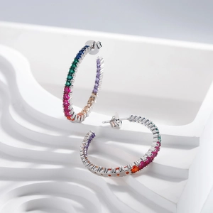 Rainbow hoop earrings in S925 silver with multi-color cubic zirconia stones