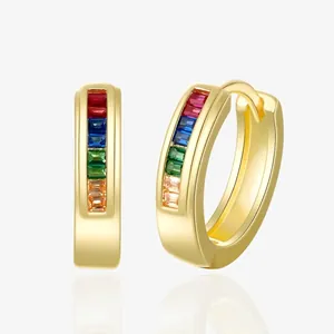 925 Sterling Silver Rainbow Rhinestone Hoop Earrings Baguette Cut Gold Plated Simple Fashion Huggie Jewelry For Women Gift