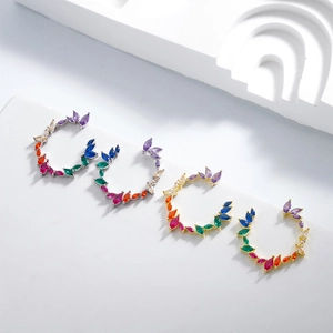 Rainbow marquise zircon olive branch C-shaped earrings in silver and gold plating
