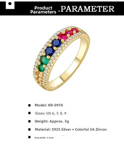 Macro detail of S925 silver rainbow ring with multi-color cubic zirconia stones