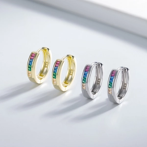 925 silver 14k gold plated hoop earrings with channel set rainbow gradient gemstones