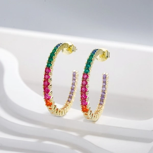 Rainbow cubic zirconia gold-plated S925 sterling silver hoop earrings for women