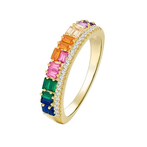 Rainbow gemstone eternity ring in 14k gold plated S925 silver with side diamond accents