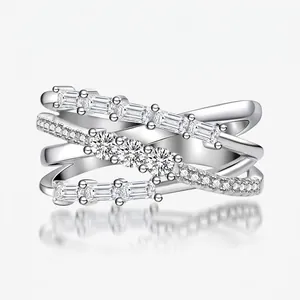 925 Sterling Silver Bamboo Style Multi-Layer Wrapped Ring Fashion Geometric Zirconia Inlaid Finger Ring Jewelry For Women