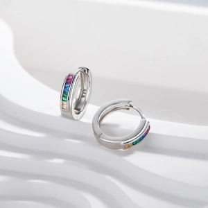 14k gold plated S925 silver huggie earrings with rainbow baguette channel-set crystals