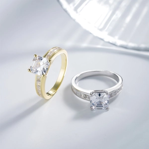 Radiant square-cut high carbon diamond rings in gold and silver finish with pavé side stones