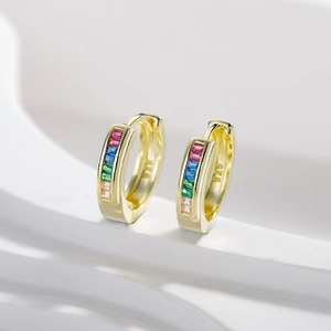 S925 sterling silver hoop earrings plated in 14k gold with rainbow baguette cubic zirconia