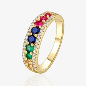 925 Sterling Silver Rainbow Pave Rhinestone Ring For Women 14K Gold Plated Luxury Minimalist Colorful Stackable Wedding Party Jewelry