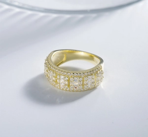 Detailed view of S925 hallmark on gold plated sterling silver multi-row zircon ring