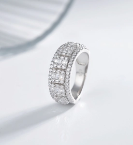 Macro shot of S925 sterling silver ring featuring multi-row pave square cubic zirconia