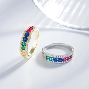 Elegant 925 silver eternity ring set with colorful gemstones and 14k gold plating
