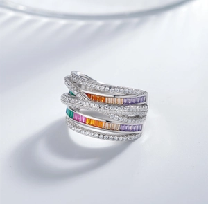 Macro detail of wide sterling silver ring featuring colorful gemstones and pave zircon