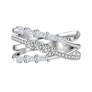 925 silver multi-layer crossover ring with baguette and round cut diamonds
