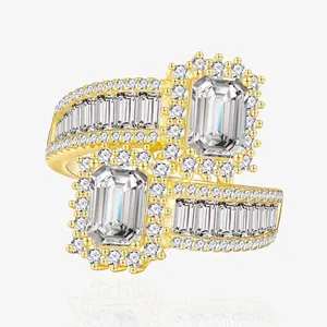 Bague de Luxe en Argent Sterling 925 pour Femme Taille Émeraude Double Rangée Strass Incrusté Bijoux de Mode Cadeau de Fiançailles d'Anniversaire