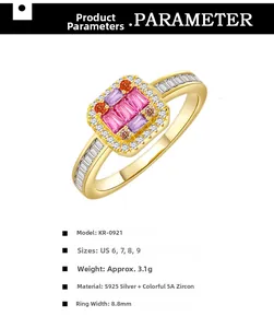 Detailed view of S925 silver ring with colorful square zircons and micro-paved diamonds