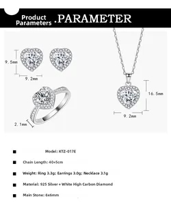 Dettaglio macro del set di gioielli a cuore in argento 925 con diamanti da 6mm e misure