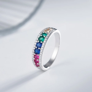 925 silver ring with colorful gemstones and pavé zircon accents on a light background