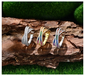 Three-piece set of 925 sterling silver multi-layer crisscross rings with colorful gemstones