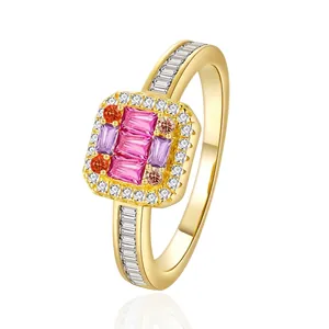 925 Sterling Silver Zirconia Ring For Women 14K Gold Plated Rectangular Micropave Light Luxury Ins Fashion Finger Jewelry