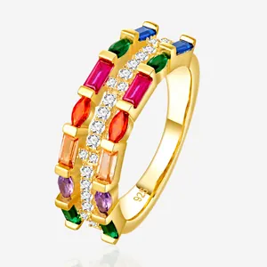 925 Sterling Zilver Gekleurde Zirconia Brede Ring Regenboog Pavé Geometrische Ring Voor Vrouwen Gepersonaliseerde Lichte Luxe Sieraden