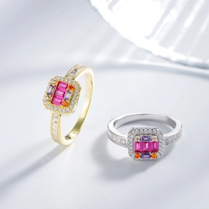 Square halo ring in S925 sterling silver with pink gemstone and pavé zircon accents
