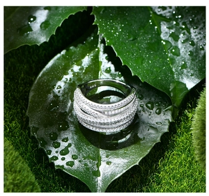 Macro shot of silver wide multi-layer cross ring with S925 stamp on green leaf