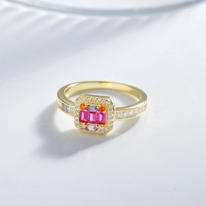 Luxurious 14k gold plated S925 silver ring with colorful rectangular gemstones and pavé diamonds