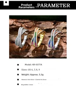 Detailed view of criss-cross sterling silver ring with colorful CZ stones and 9.5mm band width