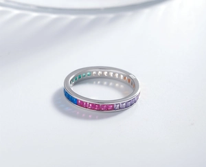 Macro shot of S925 sterling silver stamp on channel-set rainbow eternity ring