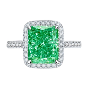 Bague de luxe en argent 925 avec pierre verte de 13ct taille émeraude et halo de diamants