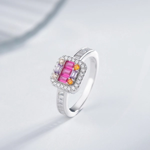 Luxurious S925 sterling silver ring featuring a pink square gemstone with multi-color accents