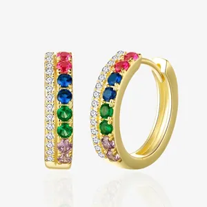 Boucles d'Oreilles Créoles en Argent Sterling 925 avec Zirconia Arc-en-Ciel pour Femmes Plaquées Or 14K Pavé Coloré Bijoux