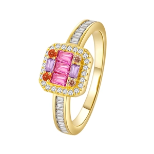 Luxurious 14k gold plated S925 silver ring with pink sapphire square cluster stones