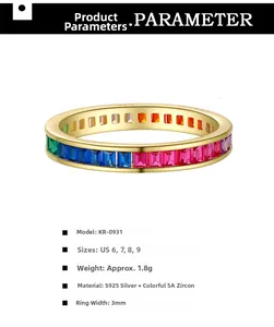 Detail view of gold-plated S925 silver ring with colorful channel-set square zircons