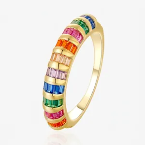 925 Sterling Silver Gold Plated Rainbow Zirconia Ring Baguette Cut Colorful Pave Fashion Jewelry For Women Wedding Gift