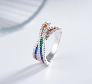Close-up of S925 sterling silver stamp on the rainbow gemstone crisscross ring