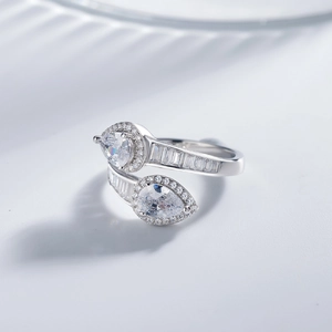 Dual pear-cut sparkling crystal ring in S925 sterling silver with halo and baguette diamonds