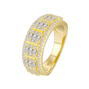 Luxurious 925 sterling silver gold-plated ring with multi-row pavé square crystals