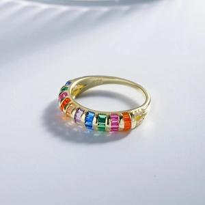 S925 silver 14k gold plated snake chain ring with rainbow gradient rectangle gemstones