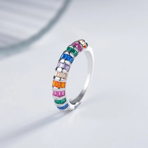 925 sterling silver rainbow ring with baguette-cut colored zircons in minimalist design