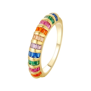 925 silver 14k gold plated snake chain ring with rainbow baguette cut gemstones