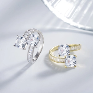 Bague taille Asscher en argent 925 avec finitions bicolores dorée et argentée
