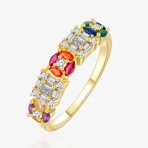 925 Sterling Silver Colorful Zirconia Inlaid Eternity Band Ring For Women Fashion Rainbow Geometric Finger Ring Jewelry Gift