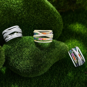 S925 sterling silver multilayer crossover ring with pavé rainbow gemstones and zircons