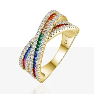 Luxury 925 Sterling Silver X Cross Overlap Rainbow Zirconia Ring For Women Colorful Pave Band Ring Fashion Jewelry Gift
